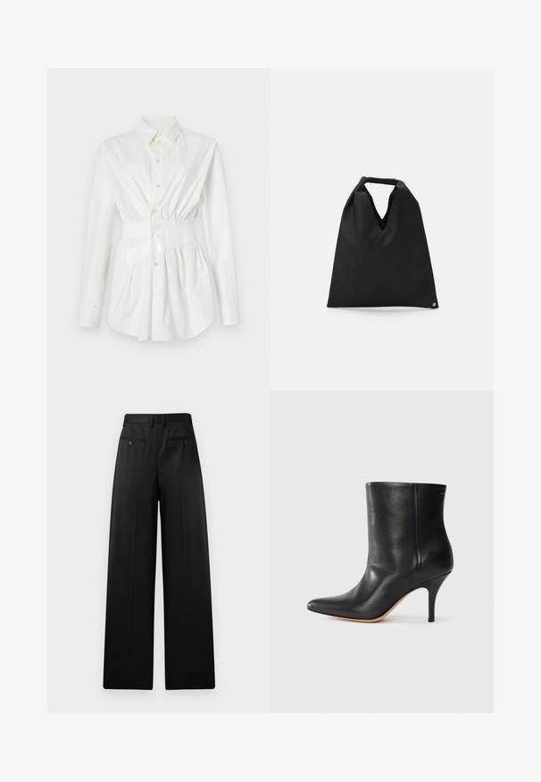 Valge nööpidega särk pikade varrukatega, kitsa talje detailiga ja läikiva vöökinnitusega. Valmistatud siledast, kergekaalulisest kangast.; Mustad lai jalad, millel on lamedad eesmine osa, kaks tagumist taskut nupuga ja sile tekstuur. Kohandatud disain otse lõikega.; Must musta jalatsid terava ninaga, õhukese stiletto kontsaga ja siledast nahast. Minimalistlik disain ilma nähtava riistvarata või aksessuaarideta.; MM6 Maison Margiela SMALL JAPANESE - Kandekott - black