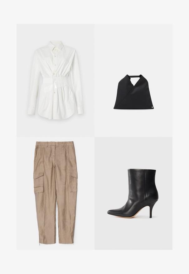 Cămașă albă cu butoni, cu mâneci lungi, detaliu ajustat la talie și un accent lucios la curea. Fabricată dintr-un material ușor și neted.; Pantaloni cargo bej cu o croială relaxată, multiple buzunare laterale și detalii cu fermoar la gleznă. Realizați dintr-un material ușor.; Botină neagră din piele cu vârf ascuțit, toc subțire de tip stiletto și textură netedă. Design minimalist fără hardware sau accente vizibile.; Geantă din piele neagră, cu un design asimetric și o suprafață texturată. Are o mânere simplu și un accent subtil al logo-ului.