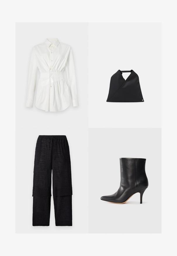 Witte overhemd met lange mouwen, een getailleerde taille detail en een glanzende riemaccent. Gemaakt van glad, lichtgewicht materiaal.; Henrik Vibskov SHANTS PANTS - Broek - black; Zwarte leren enkelboot met puntige neus, slanke stilettohak en een gladde textuur. Minimalistisch ontwerp zonder zichtbare hardware of accenten.; Zwarte leren tas met een asymmetrisch ontwerp en een gestructureerd oppervlak. Het heeft een eenvoudige handgreep en een subtiele logo-accent.