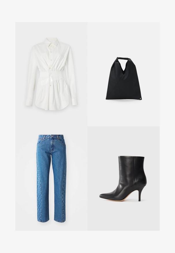 Fehér, hosszú ujjú ing, fitted derék részlet és fényes öv akcentussal. Simább, könnyű anyagból készült.; MARINE SERRE MOON LASER CURVED - Laza szabású farmerek - light blue; Fekete bőr bokacsizma hegyes orral, karcsú tűs sarkal és sima textúrával. Minimális dizájn, látható fémrészek vagy díszítések nélkül.; MM6 Maison Margiela SMALL JAPANESE - Bevásárlótáska - black