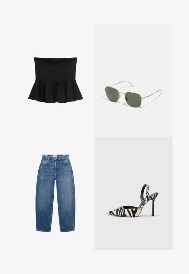 Černý peplum top s přiléhavým tělem a rozšířeným lemem. Vyroben z elastického materiálu, má hladký povrch a žádné ozdoby.; Džíny z modré denimu s vysokým pasem a rovnými nohavicemi, vybavené pěti kapsami, poutky na opasek a jemným vyblednutím pro přidanou texturu.; Slingback podpatky s špičatou špičkou v černobílém zebrovém vzoru, s úzkým vysokým podpatkem a otevřenou zadní částí, s černým interiérem.; Sluneční brýle s zlatým rámem a zelenými skly, mají osmiúhelníkový tvar, tenké stranice a průhledné konce. Minimalistický design a hardwarové akcenty.