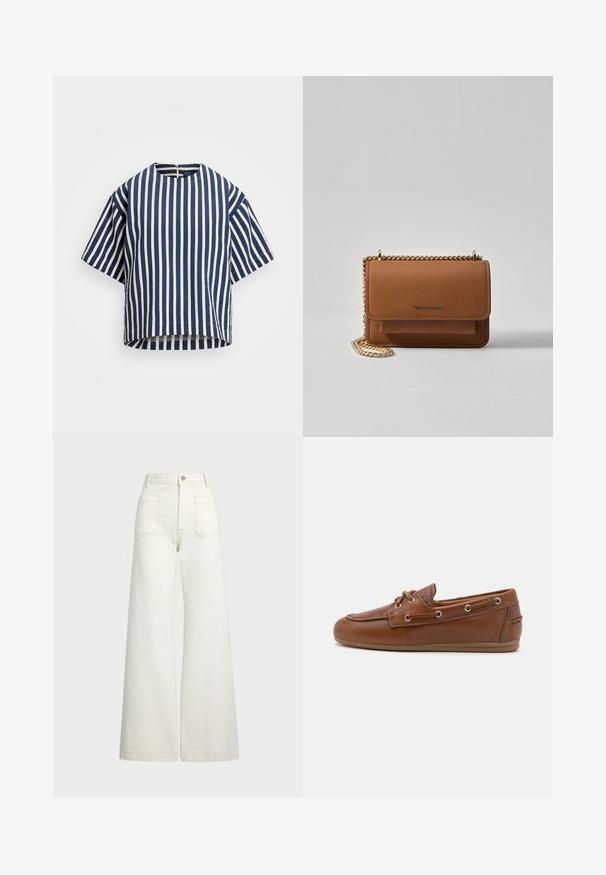 Stripet kortermet topp i marineblått og hvitt, med rund hals og løs passform. Stoffet har en lett strukturert overflate.; Vidde bukser i off-white denim. Høyt liv-design med knappelukking, to frontlommer og kontrastsøm detaljer.; Brune lærbådsko med snøredetaljer, metalløyer, en strukturert finish og en fleksibel tannfarget gummisåle. Rund tådesign.; Brun teksturert lær crossover-veske med gullkjede-stropp og klaffelukking. Fronten har logo-detalj og en lomme under klaffen.