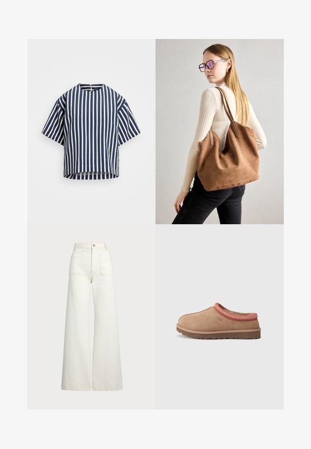 Striped short-sleeve top in navy and white, with a round neckline and a loose fit. The fabric has a slightly textured appearance.; Wide-leg jeans in off-white denim. High-waisted design with a button closure, two front pockets, and contrast stitching details.; UGG TASMAN II - Mules - rocky oak; Brown suede tote bag with soft texture, large opening, and long straps. Features a simple design with visible stitching and no hardware.