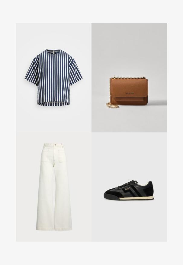 Ριγέ κοντομάνικο μπλουζάκι σε ναυτικό μπλε και λευκό, με στρογγυλή λαιμόκοψη και άνετη εφαρμογή. Το ύφασμα έχει μια ελαφρώς υφασμένη εμφάνιση.; Πλατύ πόδια τζιν σε εκρού τζιν. Σχεδίαση με ψηλή μέση, κλείσιμο με κουμπί, δύο μπροστινές τσέπες και λεπτομέρειες με αντίθεση ραφής.; GANT BEYLANA - Αθλητικά παπούτσια - black; Καφέ δερμάτινη τσάντα χιαστί με υφή, με χρυσή αλυσίδα στον ιμάντα και κλείσιμο με καπάκι. Στο μπροστινό μέρος υπάρχει λεπτομέρεια με λογότυπο και μία τσέπη κάτω από το καπάκι.