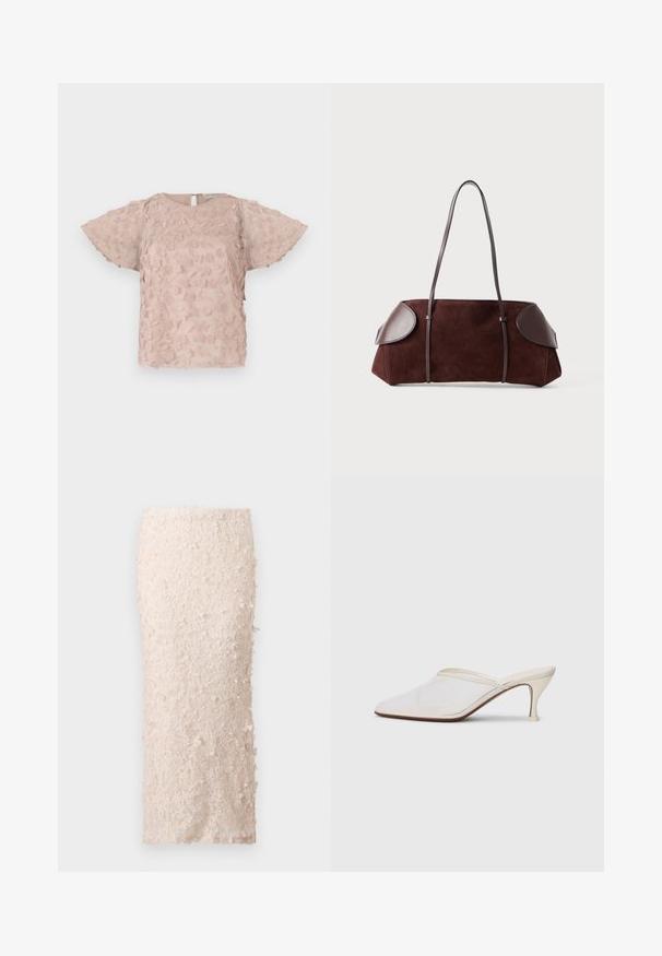 Rosafarbene bestickte Bluse mit Blumenmustern, kurzen, flatternden Ärmeln und einem Schlüssellochverschluss im Rücken. Weicher, texturierter Stoff.; Cremefarbene Bleistiftskirt aus Spitze mit floralen Applikationen. Das Design ist tailliert und weist eine glatte Textur sowie detaillierte Verzierungen auf.; Weiße Mesh-Pantoletten mit spitzer Zehenform, schlankem Mittelabsatz und Slip-On-Design vor einem schlichten Hintergrund.; Braune Wildledertasche mit Lederakzenten, strukturiertem Design, doppelten Schulterriemen und abgerundeten Kanten, ausgestattet mit einer glatten Textur und minimalem Hardware.