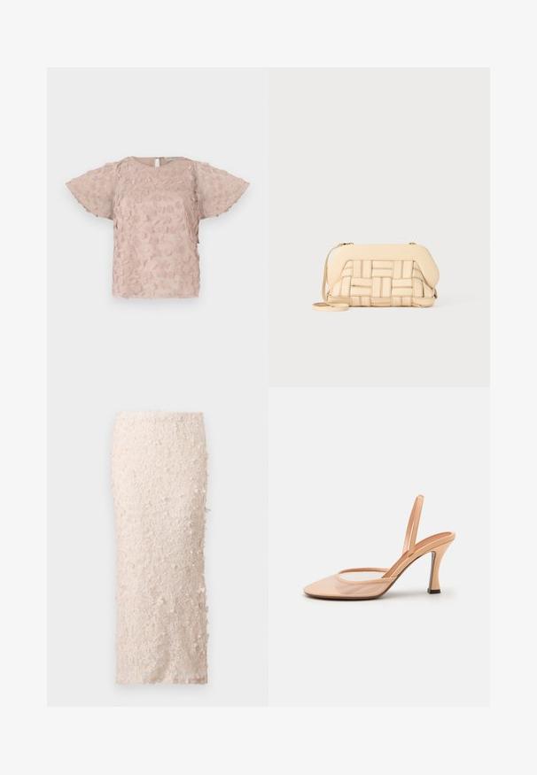 Blusa rosa bordada con patrones florales, mangas cortas y vaporosas, y cierre en la parte posterior en forma de ojal. Tejido suave y texturizado.; Falda lápiz crema hecha de encaje con apliques florales. El diseño es ajustado, con una textura suave y adornos detallados.; Tacón slingback de malla nude con punta afilada, correa delgada en el tobillo y tacón de aguja que presenta un acento negro en la base.; Bolso tejido beige con un diseño estructurado, que cuenta con una parte superior lisa y una correa larga. Los detalles texturizados realzan la apariencia general.