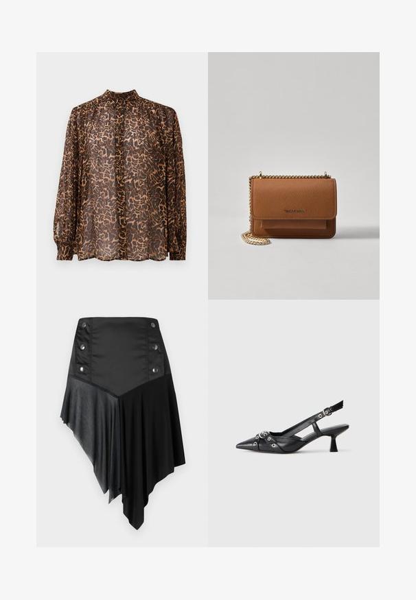 Permatomas ilgomis rankovėmis palaidinė su rudos ir juodos leopardų rašto motyvu, aukšta apykakle ir raukiniais ant rankovių.; Juoda asimetrinė sijonas, pasižymintis matinės ir tekstūruotos medžiagos deriniu, su sidabriniais mygtukų akcentais juosmenyje ir sluoksniuoto hem design.; Juodas odinis slingback tipo batai su smailiu priekiniu atvartu, dekoratyvinėmis sagtimis su metaliniais akyčiais ir žemu blokiniu kulnu. Saldus paviršius.; Ruda tekstūruota odinė per petį nešama rankinė su auksiniu grandininiu dirželiu ir užlenkiamo užsegimo. Priekinėje pusėje yra logotipo detalė ir kišenė po užlenkimu.