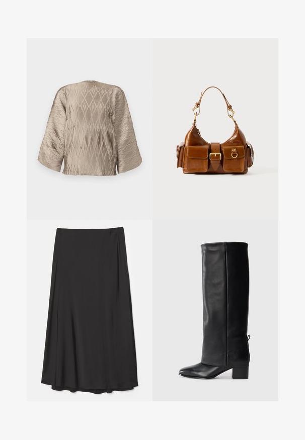 Beige geplooide blouse met een boxy silhouet, brede mouwen en een textuurpatroon van ribbels. Glad stof met glans.; Zwarte, knielange rok van soepel materiaal; heeft een vloeiende uitstraling met zachte plooien en zonder zichtbare sluitingen.; Zwarte leren kniehoogte laarzen met een gladde afwerking, vierkante neus, blokhak en zijstrikdetail voor een verstelbare pasvorm.; Bruine leren handtas met een gebogen vorm, dubbele gouden hardware, twee voorzakken en een brede schouderband. Soepele textuur met een elegante afwerking.
