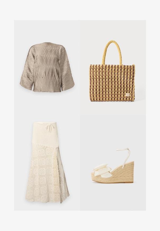Beige redőzött blúz, dobozos sziluettel, széles ujjakra és texturált bordázott mintázatra szabva. Simább anyag, fényes felülettel.; Horgolt szoknya, textúrált krém felső résszel és alul intricált négyzetmintával. Állítható zsinór a deréknál.; Sarok-emelő szandál természetes juta talppal, krém színű textil felsőrész és két rétegű virágdíszítéssel; vékony bokapánttal és csattal rendelkezik.; Barna és sárga színű, téglalap alakú, két füles táska, textúrált felülettel, látható varrásokkal és márkacímkével.