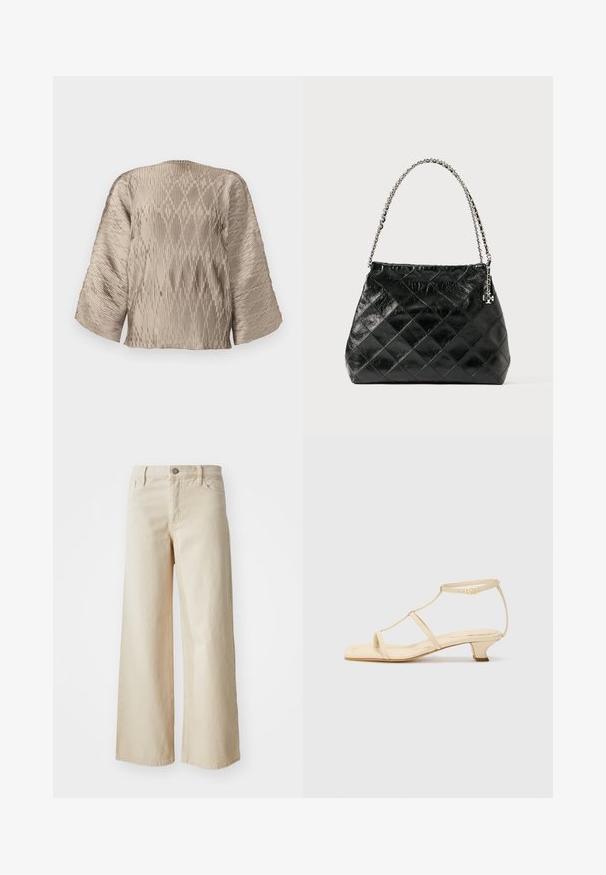 Beige pleated blouse with a boxy silhouette, wide sleeves, and textured ribbing pattern throughout. Smooth fabric with sheen.; Beige wide-leg jeans made of denim, featuring a high waist, button closure, belt loops, and side pockets. Smooth texture and relaxed fit.; Beige heeled sandals with a T-strap design, square toe, adjustable ankle strap, and a low, block heel. Smooth leather material.; Black quilted leather handbag with a silver chain handle, featuring a structured design and smooth texture.
