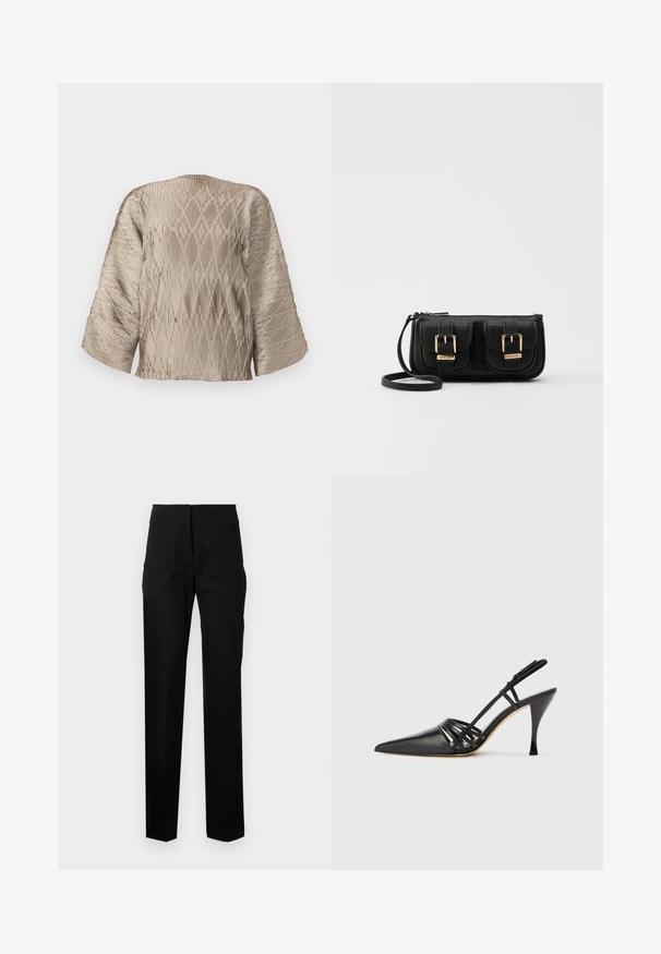 Beež pleated pluus, millel on kastikujuline siluett, laiad varrukad ja tekstuuriga ribakujundus üle kogu pinna. Sile kangas, millel on sära.; Mustad mustriga püksid sirge lõikega, tasasel esiküljel, vöölõngad ja küljetaskud. Sile kangas minimaalsete õmblusdetailidega.; Must musta kõrgtehnoloogiline suss, terava ninaga, ristcross rihmade disainiga ja õhukese stilettokontsaga. Sile tekstuur ja minimaalne kaunistus.; Must küllastamata nahast õlakott, millel on kaks esist nähtavat taskut, kuldsed pandlad, tõmblukuga sulgemine ja peen rihm. Tekstuuriga pind ja kompaktne ristkülikukujuline kuju.