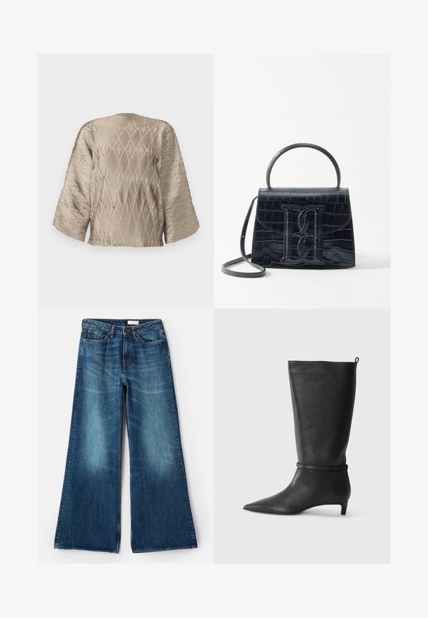 Bež bluzica s nabranim detaljima, kutne siluete, širokim rukavima i teksturiranim rebrastim uzorkom. Glatka tkanina s sjajem.; Tiger of Sweden KINNE - Široke nogavice - medium blue; Crne kožne čizme visine do koljena s izduženim prstima, ukrašene okruglom trakom oko gležnja i niskom, suženom petom. Glatka tekstura.; Crna torba od krokodilne kože s uzorkom, strukturiranog dizajna, gornjom ručkom, podesivom trakom i istaknutim logotipom sprijeda.