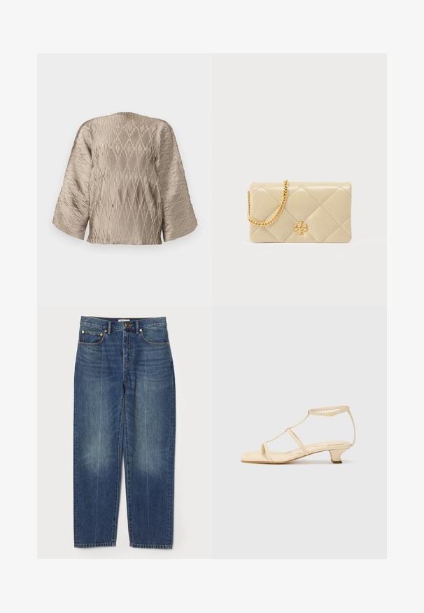 Beež pleated pluus, millel on kastikujuline siluett, laiad varrukad ja tekstuuriga ribakujundus üle kogu pinna. Sile kangas, millel on sära.; Sinised kõrge vöökohaga otse lõikega teksad, millel on ees ja taga taskud, vööpöörded, nööbikinnitusega ja jalge alt õrnalt pleekinud detailid.; Beezhides sandaalid T-ribauga, ruudukujulise varbaga, reguleeritava pahkluuringiga ja madala plokkningaga. Siledast nahast. ; Beežtooni tikitud nahast käekott kuldse kett-rihma ja logoga esiküljel. Sile pind teemantmustrilise õmblusega.