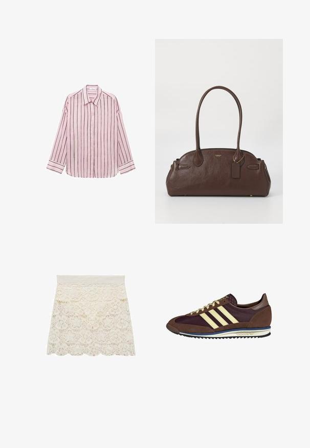 Lyserød langærmet skjorte med knaplukning og lodrette sorte striber, klassisk krave og manchetter. Blødt stof med en glat tekstur.; Blonderet nederdel i crepet farve med blomstermønstre, bølget kant og en struktureret strikket talje for ekstra komfort og pasform.; Brune og bordeaux sneakers lavet af ruskind og mesh-materialer, med tre cremefarvede striber, tekstureret stof på tungen, og en gummisål.; Brun læder skuldertaske med glat tekstur, rund form og dobbelte håndtag. Har et guld logo og et lille mærke, der er fastgjort.