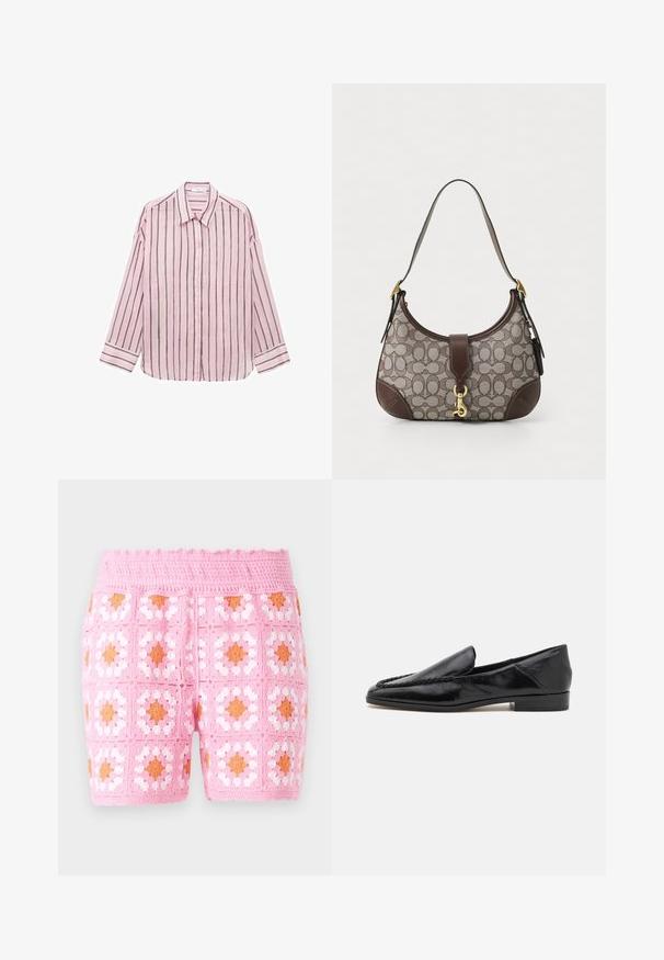 Lyserød langærmet skjorte med knaplukning og lodrette sorte striber, klassisk krave og manchetter. Blødt stof med en glat tekstur.; Lyserøde hæklet shorts med et firkantet mønster med hvide og orange accenter. Struktureret stof med en bølget taljedetalje.; Sorte læder loafers med en glat overflade, der har en syet detalje langs forkanten og en lav, firkantet hæl.; COACH HAMPTONS HOBO BAG IN SIGNATURE JACQUARD - Håndtasker - oak maple