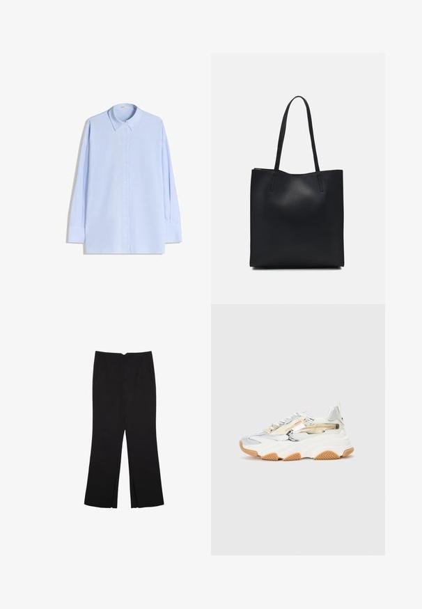 Himmelblaues langärmliges Button-Up-Hemd aus Baumwolle, mit klassischem Kragen, vorderer Knopfverschluss und lockerer Passform.; Schwarze Hose mit geradem Schnitt, ausgestattet mit Fronttaschen und Seitenschlitzen am Saum. Hergestellt aus weichem, glattem Stoff. Geeignet für verschiedene Anlässe.; Chunky Sneakers aus silbernem und weißem Mesh, mit einer strukturierten Gummisohle, dekorativen Reißverschlüssen und einer Gummisohle.; Schwarze Laptoptasche aus Leder mit glatter Textur, rechteckiger Form und zwei langen Griffen. Keine sichtbaren Beschläge oder Verzierungen.