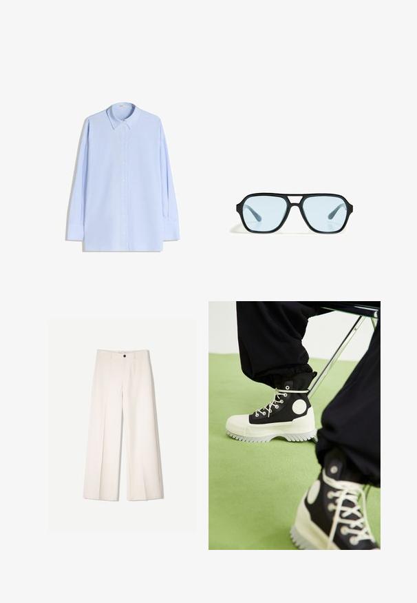 Lichtblauw overhemd met lange mouwen van katoen, met een klassieke kraag, een sluiting met knopen aan de voorkant en een losse pasvorm.; Crème brede broek met een tailored ontwerp, voorzien van twee voorzakken en een enkele sluiting met een knop aan de voorkant, gemaakt van een gladde stof.; Converse CHUCK TAYLOR ALL STAR LUGGED 2.0 PLATFORM COUNTER CLIMATE EXTRA HIGH - Veterboots - black/egret; Zwarte zonnebril met rechthoekige monturen, blauwgetinte lenzen en een onderscheidend brugontwerp. Strakke afwerking, ingetogen textuur.; Zwarte leren handtas met een gebogen vorm, afneembare schouderband en gouden hardware. De tas heeft een klep met een gespsluiting.