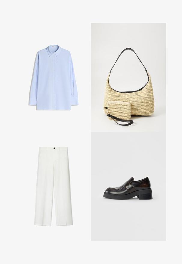 Svetlo modra dolgosleeve srajca z gumbi, izdelana iz bombaža, z klasičnim ovratnikom, sprednjim gumbom in sproščenim fitom.; Beli, široke hlače z gladko teksturo, ki imajo sprednji gumb in zankice za pas, zasnovane za sproščen kroj.; Rjava usnjena loafer obutev z debelim črnim petam, ki ima šivano zasnovo in trak čez zgornji del za dodaten detajl.; Tkana torbica iz slame s zakrivljenim siluetom, ki vključuje gladek črn usnjen trak in usklajen majhen žep, pritrjen z ročajem za zapestje.