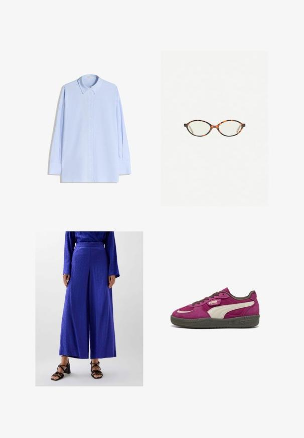Camicia azzurro chiaro a maniche lunghe con bottoni, realizzata in cotone, dotata di colletto classico, chiusura frontale con bottoni e una vestibilità rilassata.; Pantaloni a gamba larga in tessuto blu vivace con un motivo sottile, dotati di vita piatta e abbinati a sandali neri con tacco a blocco e cinturini.; Sneaker in camoscio rosa scuro con dettagli bianchi, lacci marroni e suole grigie textured. Presenta un logo Puma dorato su un lato.; Occhiali in tartaruga con lenti ovali e una finitura liscia e elegante. Presentano aste sottili con una leggera curva alle tempie. Lenti trasparenti.