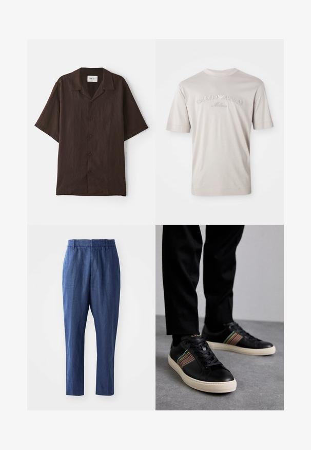 Kratki rukav, košulja s gumbima izrađena od tamno smeđeg materijala s ravnim ovratnikom. Ima opušteni kroj i suptilnu teksturu. Nema vidljivih uzoraka ili akcenta.; Svijetložuta kratkotrajna majica s kratkim rukavima od mekog materijala, s izvezenim logotipom "Emporio Armani Milano" u nešto tamnijoj nijansi.; Tamno plave lanene hlače s opuštenim krojem, elastičnim pojasom i suženim nogavicama. Imaju glatku teksturu i minimalne šavove.; Crne kožne tenisice s višebojnim prugastim akcentima, okrugli vrh i bijele gumene potplate, s vezicama i urezanim logotipom.