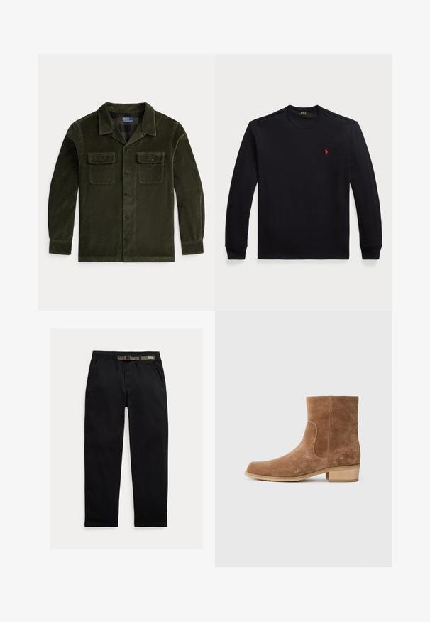 Mørkegrønn kordfløyels skjortjakke med lange ermer, to brystlommer og knappelukking. Har en klassisk krage og horisontalt ribbet tekstur.; Langermet svart bomullsskjorte med rund hals, med en liten rød logo på brystet. Glatt tekstur og tettsittende design.; Sorte bukser laget av lett stoff, med strikk i midjen og en integrert grønn belte, rett ben-kutt og sidelommer.; Brune suedestøvletter med let rund tå, lav stablet træhælhæl, elastiske sidepaneler og glatte syninger langs sømmene.