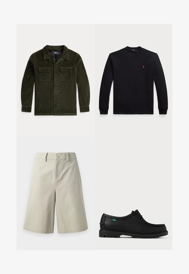 Dark green corduroy shirt jacket with long sleeves, two chest pockets, and button closure. Features a classic collar and horizontal ribbed texture.; Long-sleeve black cotton shirt with crew neckline, featuring a small red logo on the chest. Smooth texture and fitted design.; Light beige shorts made from cotton, featuring a straight cut, front pockets, a button closure, and a smooth texture.; Black leather shoe with a low profile, round toe, and textured sole. Features green "POLO" tag and contrasting stitching along the edge.