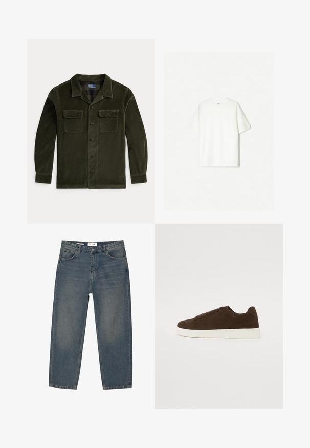 Tummanvihreä samettinen paitajakku pitkillä hihoilla, jossa on kaksi rintataskua ja nappihyrräys. Ominaisuuksiin kuuluu klassinen kaulus sekä vaakasuuntainen ribbitekstuuri.; Valkoinen lyhythihainen t-paita, joka on valmistettu pehmeästä puuvillasta. Pyöreä kaula-aukko ja rento istuvuus ilman näkyviä logoja tai kuvioita.; Siniset farkut löysällä mittasuhteella, jotka sisältävät klassisen viiden taskun muotoilun ja minimaalisen haalistumisen. Mukana napitus ja vyölenkit.; Ruskeasävyiset mokkanahkaiset sneakerit, joissa on matala profiili, valkoinen kumipohja, pyöreä kärki ja kuusi reikäparia nauhoille. Sileä pinta ja yksinkertainen muotoilu.