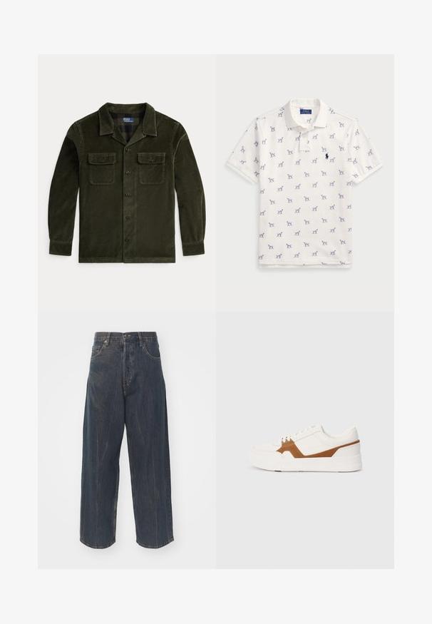 Tummanvihreä samettinen paitajakku pitkillä hihoilla, jossa on kaksi rintataskua ja nappihyrräys. Ominaisuuksiin kuuluu klassinen kaulus sekä vaakasuuntainen ribbitekstuuri.; Valkoinen polo-paita, joka on valmistettu puuvillasta ja jossa on toistuva sininen koirakuosi sekä pieni sininen logo rinnassa. Lyhyet hihat ja kaulus.; Laaja lahje tummansiniset farkut, joissa on hienovarainen kulutustekstuuri, viisi taskua ja klassinen nappi- ja vetoketjusuljenta vyötäröllä.; Valkoinen lenkkari, jossa on ruskeat mokka-akcentit, teksturoitu pinta, pyöreä kärki, paksu pohja ja perinteinen nauhakiinnitys.