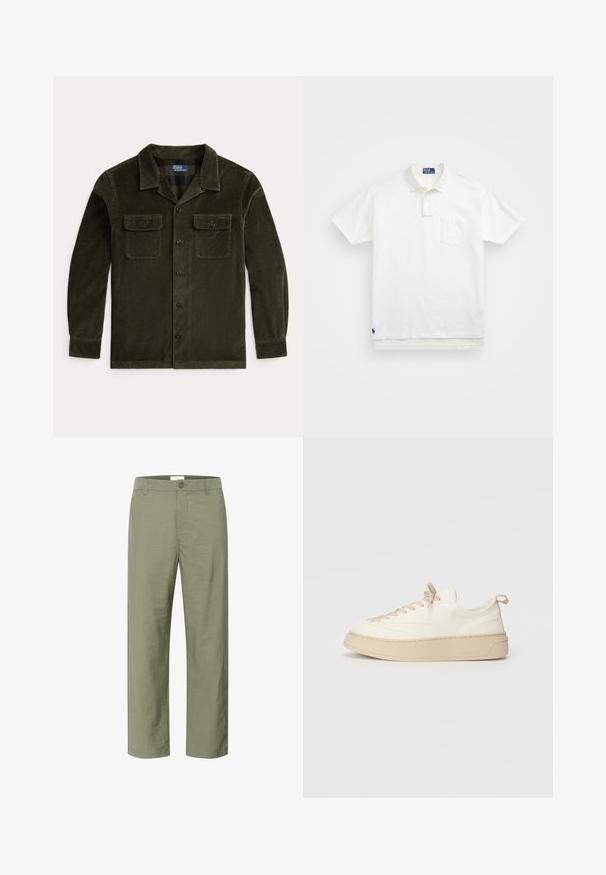 Sötét zöld kordbársony ingdzseki hosszú ujjal, két mellzsebbel és gombos zárással. Klasszikus gallérral és vízszintesen bordázott textúrával rendelkezik.; Fehér pólóing, pamutból készült, klasszikus gallérral, háromgombos végigfutóval és bal oldali zsebével; kis logó a szegélyen.; Világos olíva zöld nadrág sima, könnyű szövetből. Elöl gombos záródás és klasszikus egyenes lábfelépítés jellemzi.; Fehér bőr sportcipők bézs részletekkel, lekerekített orral, lapos fűzővel, vastag talppal és varrott részlettel az alján.