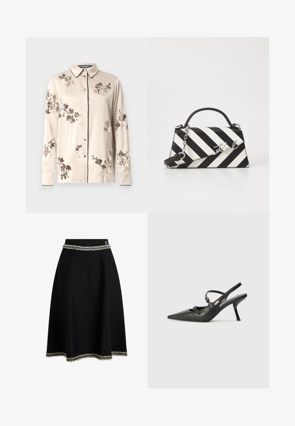 Beige, hosszú ujjú, gombos ing fekete szegéllyel a galléron és az ujjak végén, barna és arany virágmotívumos flitterezéssel díszítve.; Fekete szoknya szélesített kialakítással, textúrázott derékpánttal és díszes fehér francia rojt szegéllyel az alján.; Fekete bőrszíjjal ellátott magassarkú cipő, hegyes orral, karcsú sarkával és díszes csattal a vamp részén. Simás textúra és elegáns dizájn.; Fekete-fehér csíkos kézitáska, strukturált formával, felső fogantyúval, leválasztható lánc pánttal és fémes logóval.