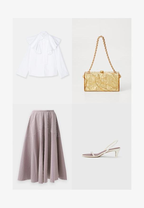 Cămașă albă din bumbac, cu un guler mare, pliat, și mâneci lungi, având un închidere cu butoane pe față și o siluetă dreaptă.; Fustă zebrată cu dungi verticale albe și burgund, cu un design evazat și o textură strânsă la talie, confecționată dintr-un material ușor.; Sandale albe cu toc mic, curele subțiri și o textură netedă din piele; prezintă o cataramă decorativă mică.; Geanta dintr-un material auriu cu o textură șifonată, având o formă rectangulară, dotată cu un sistem de prindere cu lanț și un zăvor în partea de sus. Finisaj neted și strălucitor.