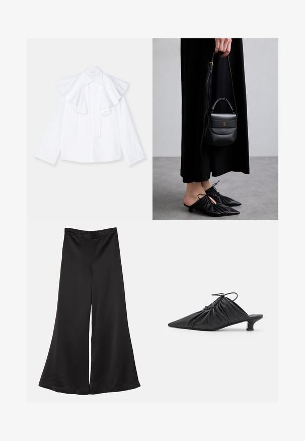 Valge puuvillane särk, millel on suur volangiga krae ja pikad varrukad, esiosas nööpidega ja sirge siluetiga.; By Malene Birger LUCEE - Püksid - black; Mustad nahast libisemisega mullingud terava varbaga, volditud tekstuuriga ja väikese kitinõelaga. Omab tõmbluku detaili avas.; Väike must nahast käekott ümarate vormidega, ülemise sangaga ja eemaldatava rihmaga. Kanda musta kangast kleidi ja mustade voltimisega kingadega.