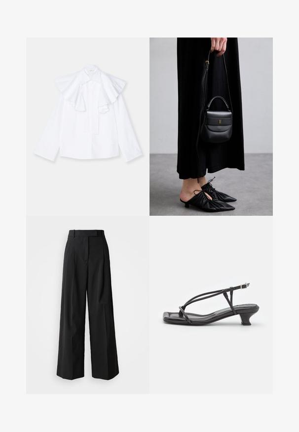 Balta medvilninė marška su dideliu, raukšlėtu apykaklė, ilgomis rankovėmis, turinti mygtukų užsegimą priekyje ir tiesią siluetą.; Juodos plačios kelnės iš sklandaus audinio su aukštu juosmeniu, turinčios dvi priekines klostes ir siuvinėtą dizainą.; Juodas odinis šlepetės su plonomis dirželiu, mažu blokuoju kulnu ir kvadratiniu pirštu. Yra sagties uždarymas ir lygus paviršius.; Maža juoda odinė rankinė su apvalia forma, viršutine rankena ir nuimama dirželiu. Nešiojama su juoda audinio suknele ir juodais klostuotais bateliais.