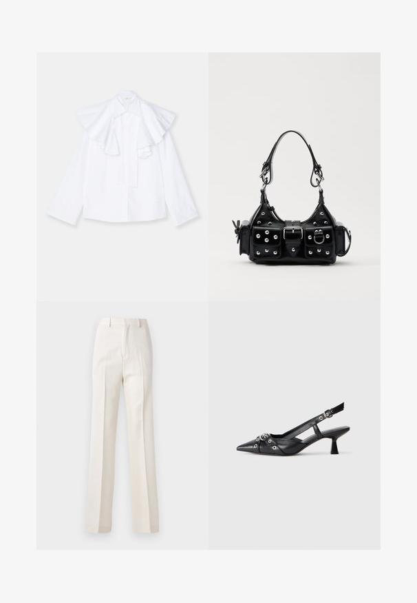 Biela bavlnená košeľa s veľkým volánovým golierom a dlhými rukávmi, s zapínaním na gombíky vpredu a rovnou siluetou.; Biele, široké nohavice s hladkou textúrou, s prednými plisami a klasickým pásom, navrhnuté pre upravený vzhľad.; Čierne kožené slingback topánky s špicatou špičkou, ozdobnými popruhmi s kovovými očkami a nízkym blokovým podpätkom. Textúrovaný povrch.; Čierna kožená kabelka s zakriveným dizajnom, doplnená striebornými cvočkami, prackou a dvoma bočnými vreckami. Nastaviteľný popruh poskytuje rôzne možnosti nosenia.