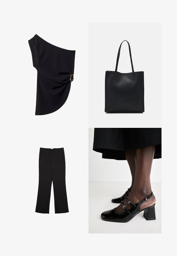 Asymmetrisk svart topp i slitstarkt tyg, med en smockad design och en detaljer i guldton på ena sidan.; Svarta byxor med rak passform, utrustade med framfickor och sidoklyvningar vid fållen. Tillverkade av mjukt, slätt tyg. Lämpliga för olika tillfällen.; Svarta lackskinn högklackade skor med två spännen, fyrkantig tå och tjock klack. Slät textur med glänsande finish.; Svart lädertoffelväska med slät textur, rektangulär form och två långa handtag. Ingen synlig hårdvara eller dekorationer.
