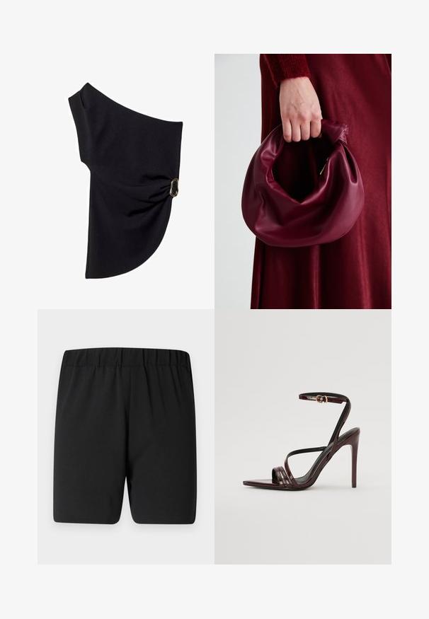 Asymetrický černý top vyrobený z hladkého materiálu, s nařaseným designem a zlatým kovovým akcentem na jedné straně.; Černé sportovní šortky s elastickým pasem, které mají hladkou texturu a volný střih pro pohodlí a snadný pohyb.; Bordeaux lakované kožené sandály na vysokém podpatku s řemínkem kolem kotníku, špičatou špičkou a třemi vodorovnými pásky přes nohu. Zlacený detail s přezkou.; Burgundská kožená kabelka s měkkým, nabíraným designem a zaobleným tvarem. Ucho je zajištěné a vykazuje hladkou texturu.