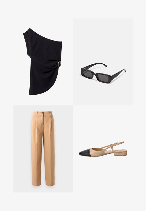 Asymetrický černý top vyrobený z hladkého materiálu, s nařaseným designem a zlatým kovovým akcentem na jedné straně.; Beige kalhoty s přizpůsobeným střihem, s knoflíkovým zapínáním, sklady a jemným zlatým akcentem na pase. Hladká textura, rovný střih nohavic.; Beige a černé dvoubarevné slingback boty s špičatou špičkou, plochým podpatkem a křížovými popruhy. Hladká kožená textura.; Černé obdélníkové sluneční brýle s tmavými skly, lesklým povrchem, širokými ramínky a robustním designem rámu. Vytlačený název značky na jednom ramínku.