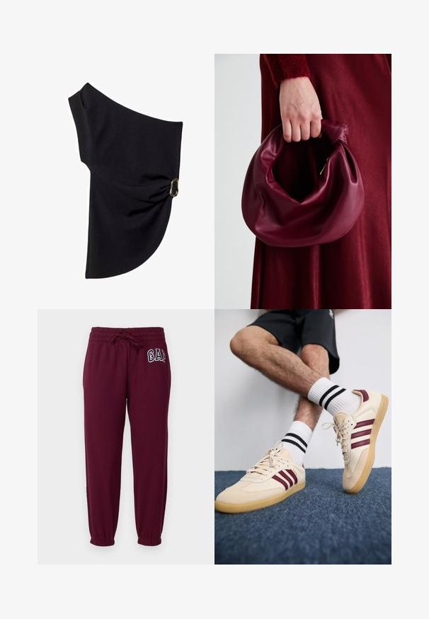 Asymetryczna czarna bluzka wykonana z gładkiego materiału, z marszczonym wzorem i akcentem z złotego metalu z jednej strony.; GAP Petite HERITAGE bordowy; Beżowe sneakersy z bordowymi paskami, teksturowana cholewka i gumowa podeszwa, połączone z białymi skarpetami w prążki z czarnymi paskami.; Bordowa skórzana torebka o miękkim, marszczonym wyglądzie i zaokrąglonym kształcie. Uchwyt jest zabezpieczony, co podkreśla gładką fakturę.