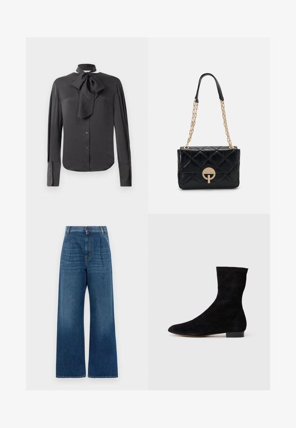 Crna bluzica od glatkog materijala, s kragnom na mašnu, dugim rukavima, dugmadi sprijeda i detaljima na manžetama.; Traperice s visokim strukom i širokim nogavicama u plavoj boji. Imaju prednje zatvaranje na dugme, nabore i suptilno izbljeđivanje od tamnoplave do svijetloplave boje na rubu.; Crne nubuk čizme do gležnjeva s uskim okvirem, špicastim vrhom i niskom bloknom petom. Glatka tekstura i minimalistički dizajn, pogodne za svestrano stiliziranje.; Crna prešivena kožna torba s zlatnim lančićem, koja ima kružnu kopču. Kompaktni pravokutni oblik s glatkom teksturom.