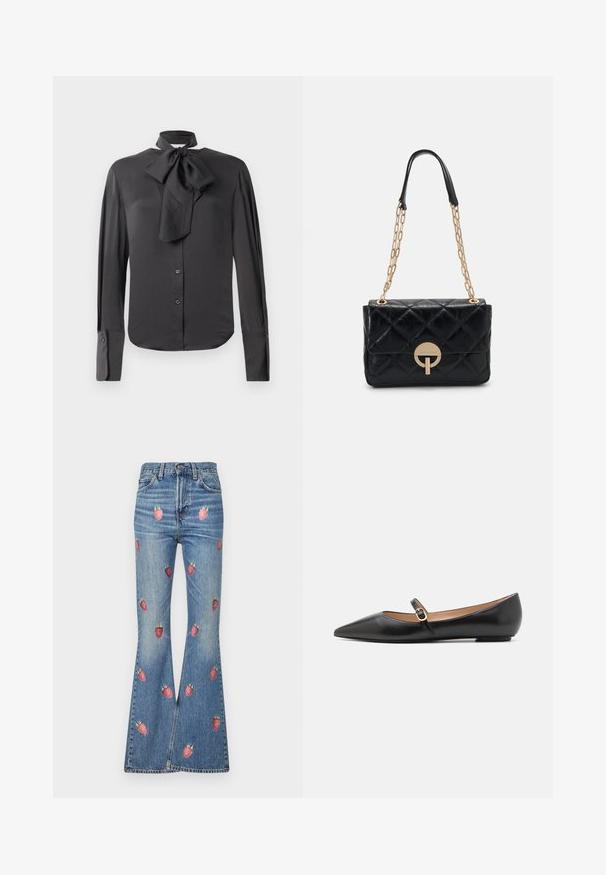Czarna bluzka z gładkiego materiału, z kołnierzykiem typu muszka, długimi rękawami, z przodem zapinanym na guziki oraz detalami przy mankietach.; Jasnoniebieskie dżinsy dzwonowate z czerwonym haftem truskawek na całej powierzchni. Wysoki stan z tradycyjnym pięciokomorowym krojem.; Czarne skórzane baletki z wydłużonym noskiem i bocznym paskiem z okrąłym złotym akcentem. Lekkie z płaską podeszwą.; Czarna pikowana skórzana torebka z złotym łańcuchem, z okrągłym zapięciem. Kompaktowy prostokątny kształt o gładkiej fakturze.