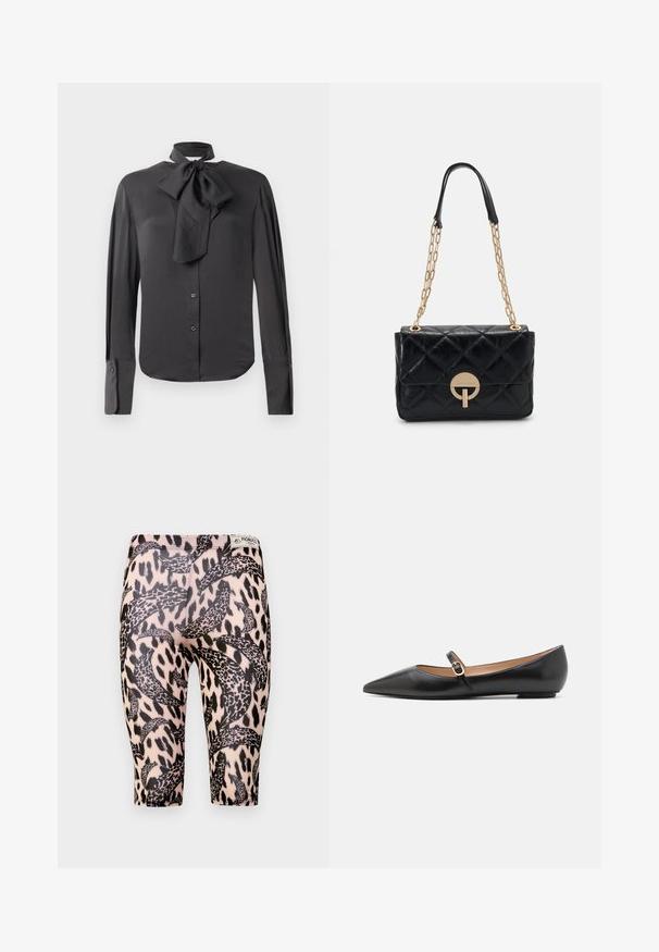 Melnā blūze gludā audumā ar loku apkakli, pilnām piedurknēm, pogu priekšpusi un aproču detaļām.; Melnas un bēšas legingi ar leopardu rakstu un izliektiem dizainiem. Izgatavoti no elastīga materiāla, kas paredzēts komfortam un piemērotībai.; Melnas ādas baleta kurpes ar norādīto pirkstu un sānu siksniņu, kurai ir apaļš zelta akcents. Vieglas ar plakanu zoli.; Melnā kvadrātveida ādas rokassomiņa ar zelta ķēdes plecu siksnu, kurai ir apaļais aizdare. Kompakta taisnstūra forma ar gludu tekstūru.