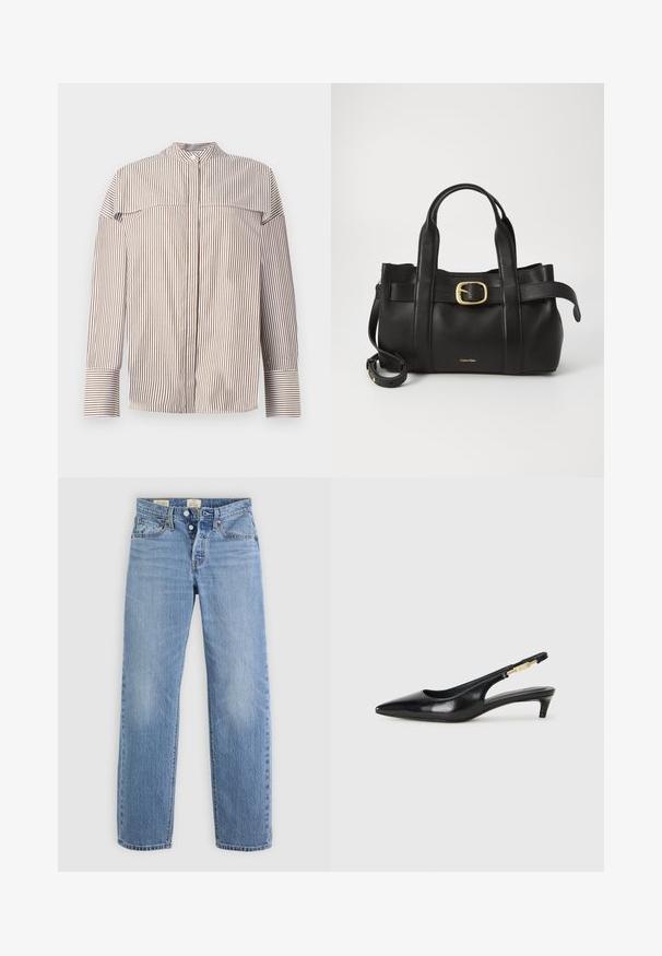 Ružičasta košulja s prugama koja ima vertikalne smeđe i krem pruge, stajaći ovratnik i duge rukave s dugmadima na manžetama.; Svijetloplave traperice ravnog kroja, s metalnim kopčanjem, prednjim džepovima i suptilnim ispranim detaljima.; Crne kožne sandale s petom, s izduženim vrhom, imaju usku petu i zlatni akcent na podesivoj traci. Glatka tekstura.; Crna kožna torba s strukturiranim dizajnom, dvostrukim gornjim ručkama, zlatnim kopčom kao naglaskom i utisnutim logotipom marke sprijeda.