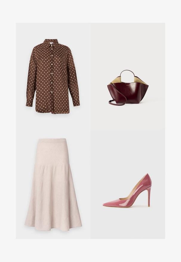 Smeđa košulja s bijelim točkicama, izrađena od glatke tkanine, s oštrim ovratnikom, punom kopčanom dugmadima i dugim rukavima s kopčanim manžetama.; Svijetlobéž suknja trapeznog kroja izrađena od mekog tkanja, s visokim strukom i naboranim dizajnom te lepršavim siluetom.; Ružičaste lakirane cipele na visokom potpeticu s uskim vrhom i elegantnom siluetom, s izrezanom detaljnom i štiklom.; Burgundska kožna torba s strukturiranim oblikom, koja ima kratku ručku, dugu naramenicu i kontrastni bež unutrašnjost.