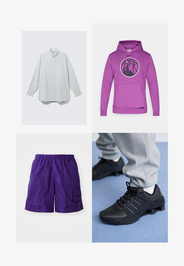 Ilga rankovė balta marškiniai su plonomis vertikaliomis pilkomis juostelėmis, su mygtukais priekyje, viena krūtinės kišenė ir smailiu apykakle.; Violetiniais džemperis su minkštos medžiagos, kuriame yra juodai baltas apvalus logotipas su paukščio piešiniu, priekinė kengūros kišenė ir suveržimo kapučinas.; Violetinės krovinių šortai su elastinga juosmens juostele, šoninėmis kišenėmis ir kišene su užklotu kairėje kojoje. Pagaminti iš lengvos medžiagos.; Asmuo vilkintis juodas Nike Shox sportbačius ir pilkas treningo kelnes stovi ant šviesiai mėlynos kiliminės dangos.