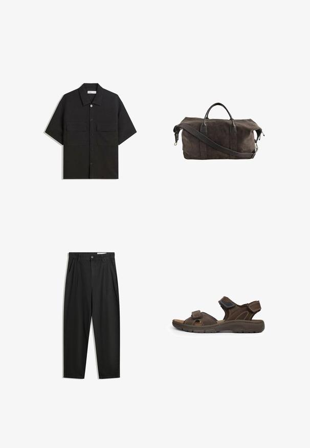Fekete, rövid ujjú ing sima textúrájú anyagból készült, két elülső zsebbel, klasszikus gallérral és gombos záródással.; Fekete pamut nadrág laza szabással, klasszikus derékrésszel, elülső hajtásokkal és oldalsó zsebekkel. Simább textúra minta nélkül.; Barna bőr szandál állítható pántokkal és párnázott talpbéléssel. Textúrált talppal és megerősített varratokkal a tartósság érdekében.; Sötétbarna velúr sporttáska bőr fogantyúkkal és állítható vállpánttal, tetején cipzárral záródik.