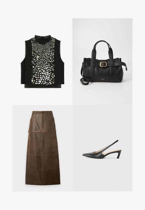 Haut sans manches noir avec un col haut et un devant orné de sequins noirs et argentés, créant un design texturé et réfléchissant.; Jupe midi en cuir marron avec taille haute, poches avant et une texture lisse avec des accents de couture visibles.; Slingback noir à bout pointu avec un petit talon, en cuir lisse et doté d'un design découpé sur le côté pour plus de respirabilité.; Sac à main en cuir noir présentant un design structuré, deux poignées supérieures, un accent de boucle en ton doré et un logo de la marque en relief à l'avant.