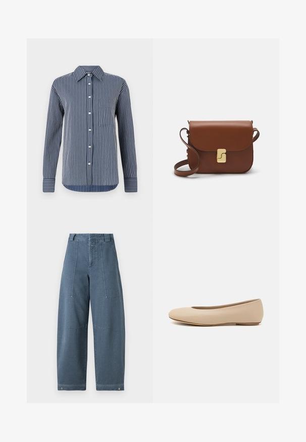 Chemise à boutons en rayures bleu marine et blanches, à manches longues, avec une poche poitrine unique et un col classique, fabriquée en tissu léger.; Pantalons en denim à jambes larges dans une teinte bleu clair, présentant une surface texturée, deux poches avant et des coutures robustes à l'ourlet.; Ballerines en cuir beige avec un bout arrondi, un minimum de coutures, un petit talon et un logo subtil à l'arrière. Texture lisse et mate.; Sac à main en cuir marron avec une fermeture à rabat, des accents en métal doré, une bandoulière et une texture lisse. Forme rectangulaire compacte.