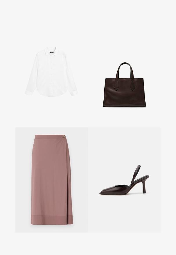 Massimo Dutti FLOWING SATIN LONG SLEEVE - Chemisier - white denim; Jupe rose clair longueur genoux en tissu lisse avec un détail de bouton sur le côté. Présente un design enroulé et un ourlet droit avec une finition subtile.; Escarpin à talon haut et à bout pointu en cuir verni marron avec une bride arrière. Présente un design élégant et une texture de surface lisse.; Sac tote en cuir marron avec deux poignées allongées, forme rectangulaire structurée, texture lisse et détails de couture subtils.