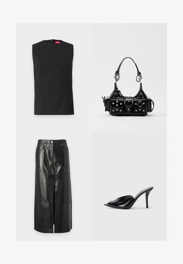 Čierny bezrukávový top s vysokým golierom, prednými záševkami a neviditeľným zipsom na chrbte. Vyrobený z hladkej tkaniny so štruktúrovaným strihom.; Čierna kožená midi sukňa s predným rozparkom, s prešívanými panelmi, s priliehavým pásom a detailmi z kovu. Hladká textúra a elegantný dizajn.; Čierne kožené vysoké podpätky s otvorenou špičkou, špicatý dizajn, hladká textúra a štíhly stiletto podpätok.; Čierna kožená kabelka s zakriveným dizajnom, doplnená striebornými cvočkami, prackou a dvoma bočnými vreckami. Nastaviteľný popruh poskytuje rôzne možnosti nosenia.