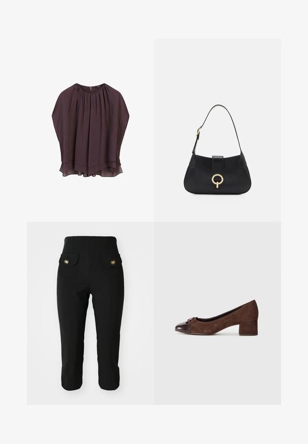 Tmavě fialová, volná blůza s kulatým výstřihem a detailem z nařasené látky. Obsahuje vrstvený design a měkký, lehký materiál.; Černé slim-fit kalhoty s dvěma předními kapsami se zlatými knoflíky, hladkou texturou a zkrácenou délkou. Klasický design pro všestranné nošení.; Hnědé semišové lodičky s lesklou tmavě hnědou krokodýlí texturou na špičce a nízkým, silným podpatkem. Na přední části je ozdoba v podobě malé mašle.; Černá kožená kabelka s zakřiveným siluetou, krátkým popruhem, centrálním zlatým kováním a hladkým povrchem. Bez viditelných vzorů nebo akcentů.